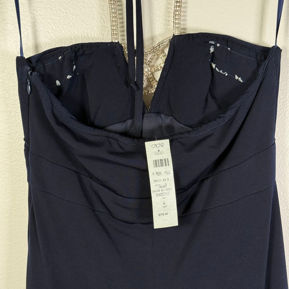 Cache Gown 6 Midnight Blue Rhinestone Halter Neck Formal Dress Maxi Made in USA - Picture 3 of 13